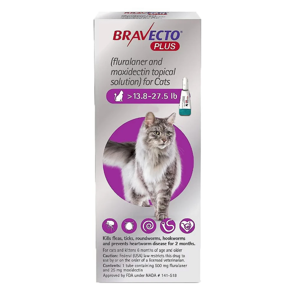Bravecto Plus For Large Cats 500 Mg (13.75 To 27.5 Lbs) Purple